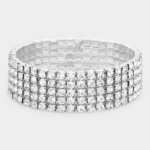 Raine 5 Row Silver Stretch Rhinestone Competition Bracelet