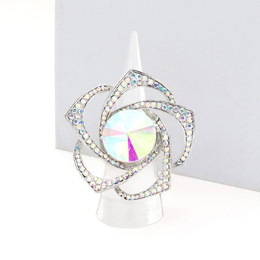 Rose AB Silver Stretch Rhinestone Competition Ring