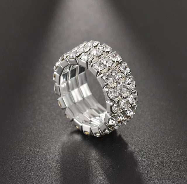 Jolie 3 Row Silver Stretch Rhinestone Competition Ring - Restocked!
