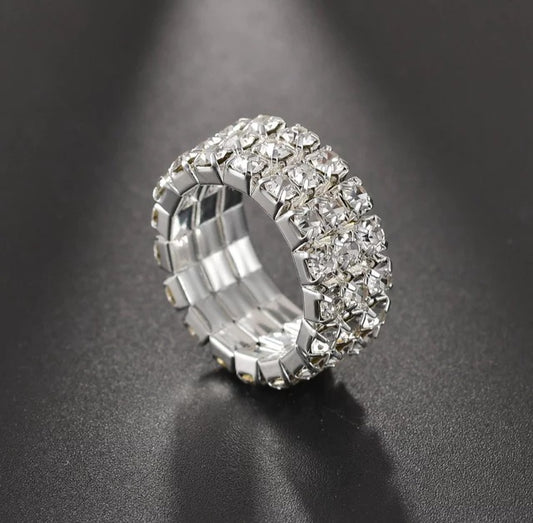 Jolie 3 Row Silver Stretch Rhinestone Competition Ring - Restocked!