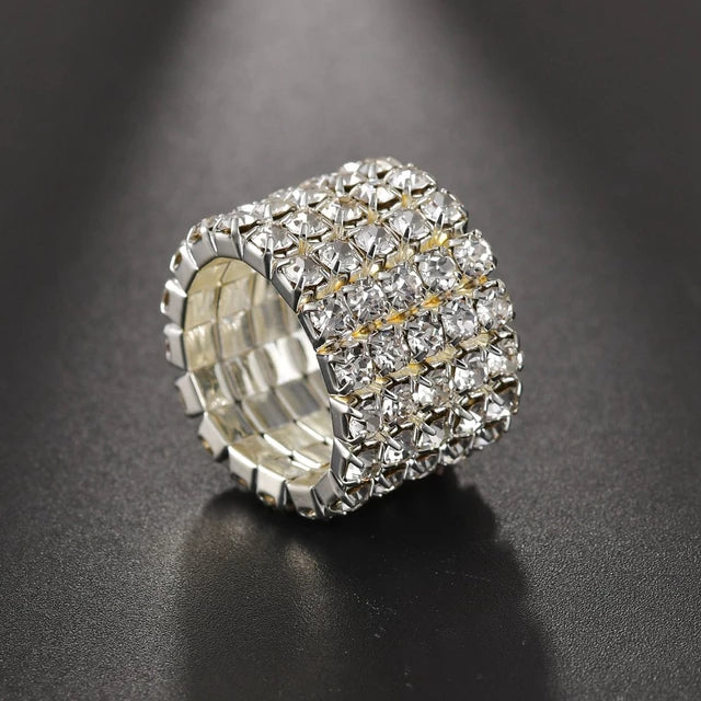 Jolie 5 Row Silver Stretch Rhinestone Competition Ring