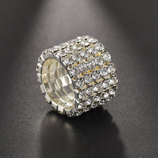 Jolie 5 Row Silver Stretch Rhinestone Competition Ring
