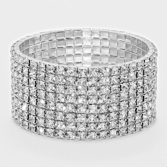 Raine 8 Row Silver Stretch Rhinestone Competition Bracelet
